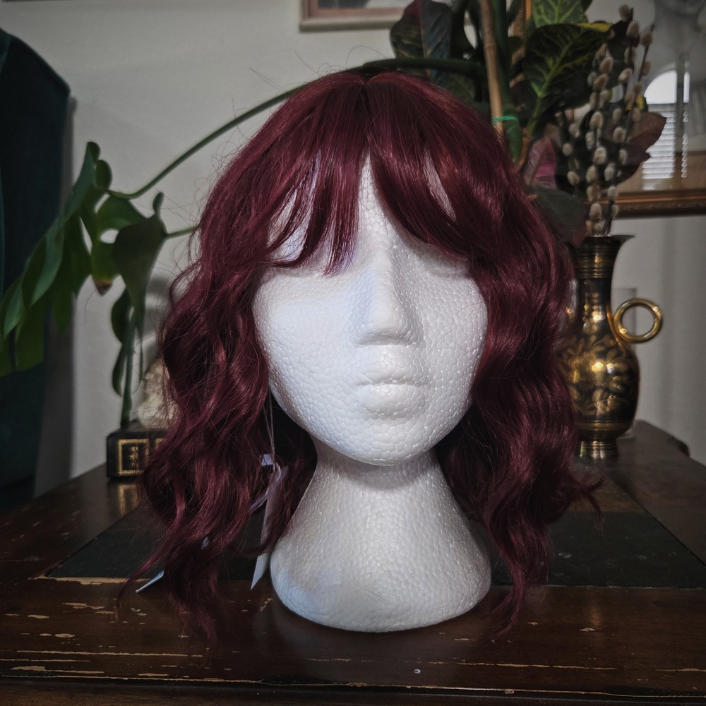 Bestung Red Wig Wavy Bob Bangs Burgundy Synthetic Hair Cosplay Halloween